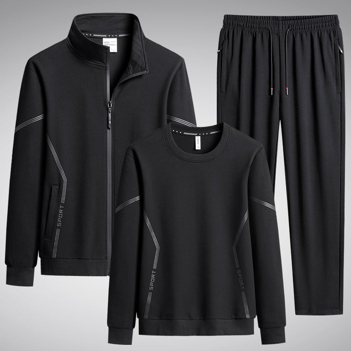 Herren Dreiteiliges Performance-Trainingsset mit Stehkragen-Zipjacke, Rundhals-Sweater & tapered Jogginghose Drune