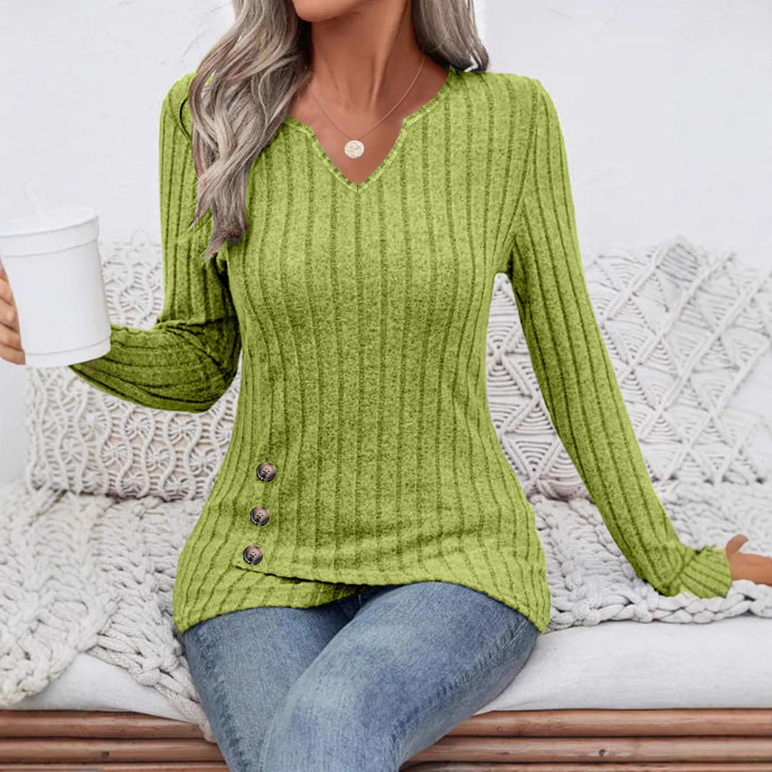 Damen Geripptes Longsleeve-Tunika mit V-Ausschnitt und seitlichen Zierknöpfen Drune