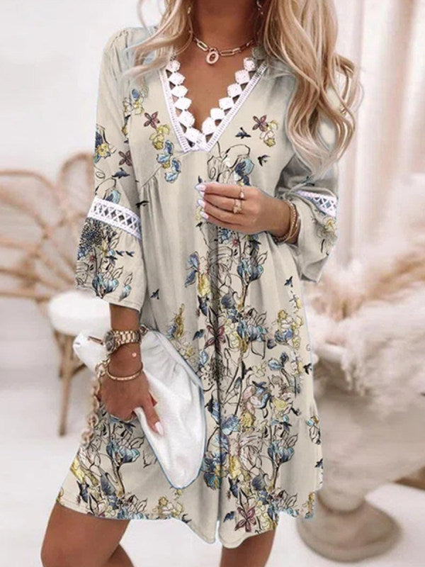 Damen lässiges Kleid mit V-Ausschnitt und Rüschendetails Drune