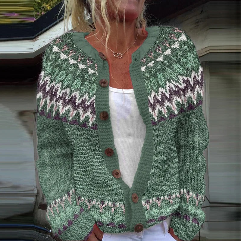 Damen nan gemusterte Strickjacke mit Rundpasse, Holzknöpfen und Eingrifftaschen Drune