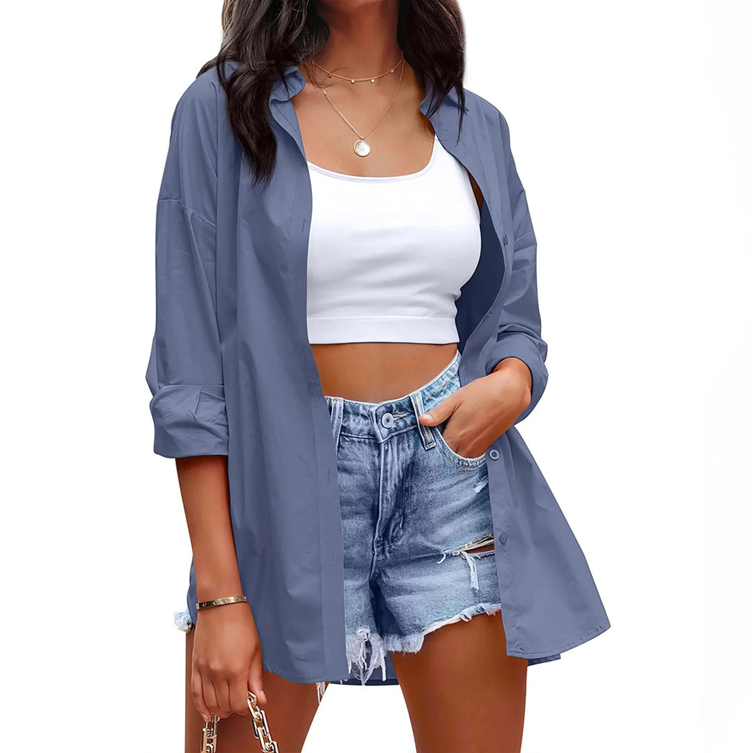 Damen lässige Leinenbluse mit langen Ärmeln und Knopfleiste Drune