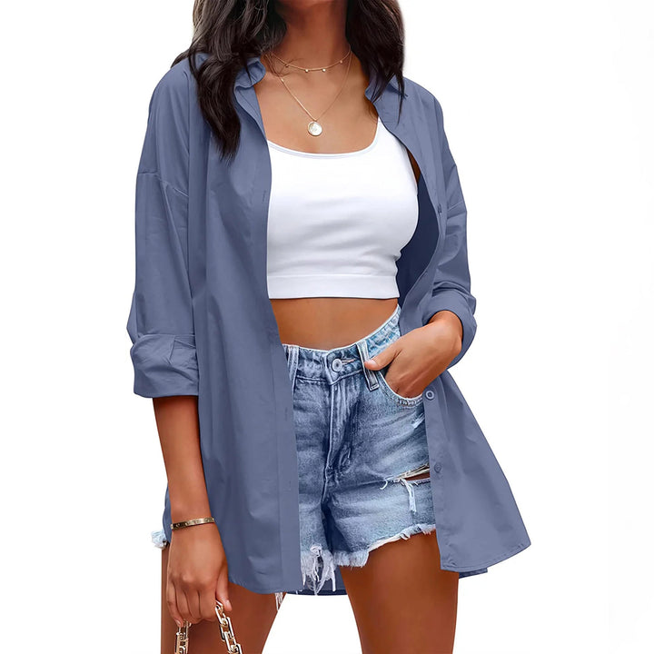Damen lässige Leinenbluse mit langen Ärmeln und Knopfleiste Drune