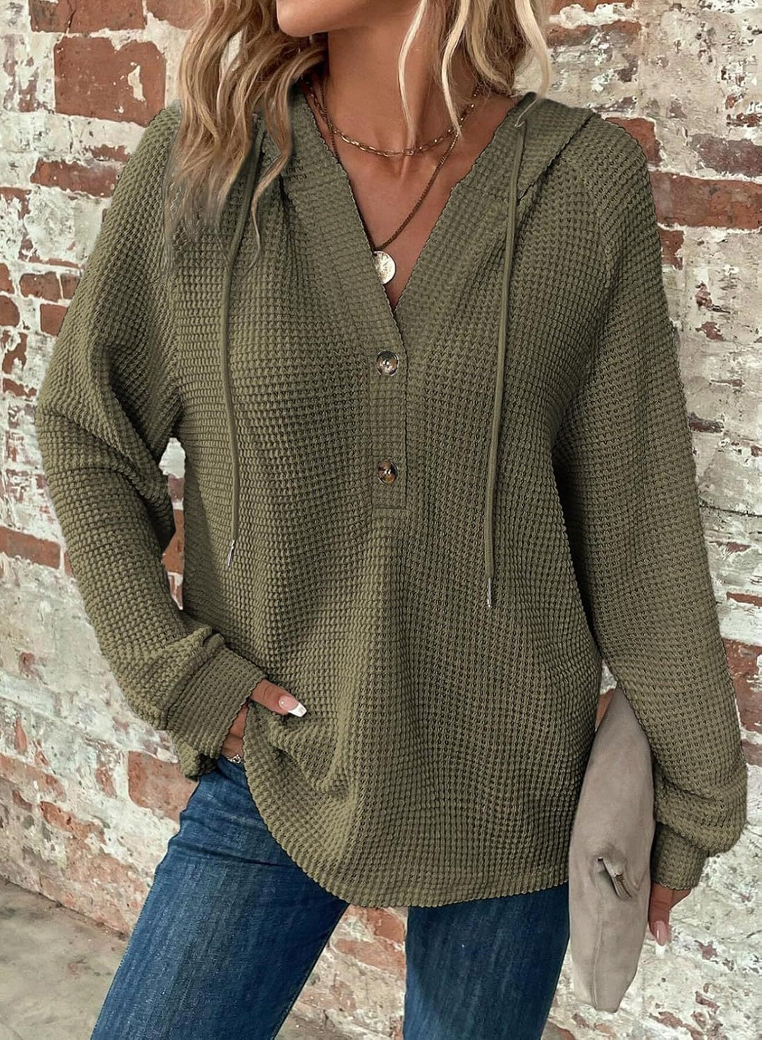 Damen gemütlicher Strickpullover mit Kapuze und Knopfleiste Drune