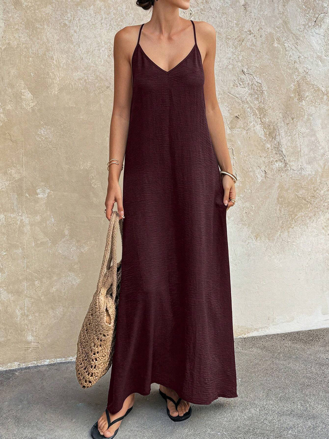 Damen Fließendes Maxikleid mit Spaghettiträgern, V-Ausschnitt und sommerlicher Leinenoptik Drune