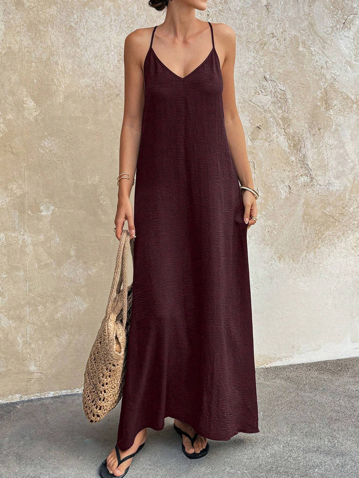 Damen Fließendes Maxikleid mit Spaghettiträgern, V-Ausschnitt und sommerlicher Leinenoptik Drune