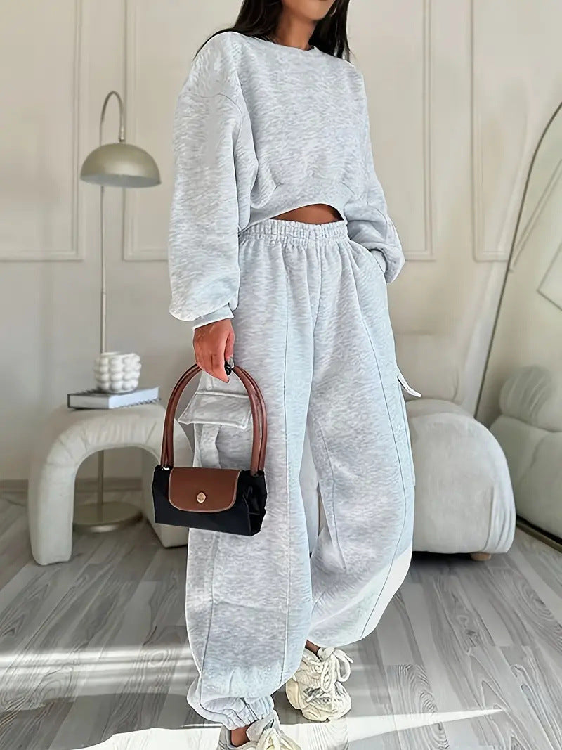 Damen Loungewear-Set mit kurzgeschnittenem Sweatshirt und weitem Cargo-Jogger mit elastischem Bund Drune