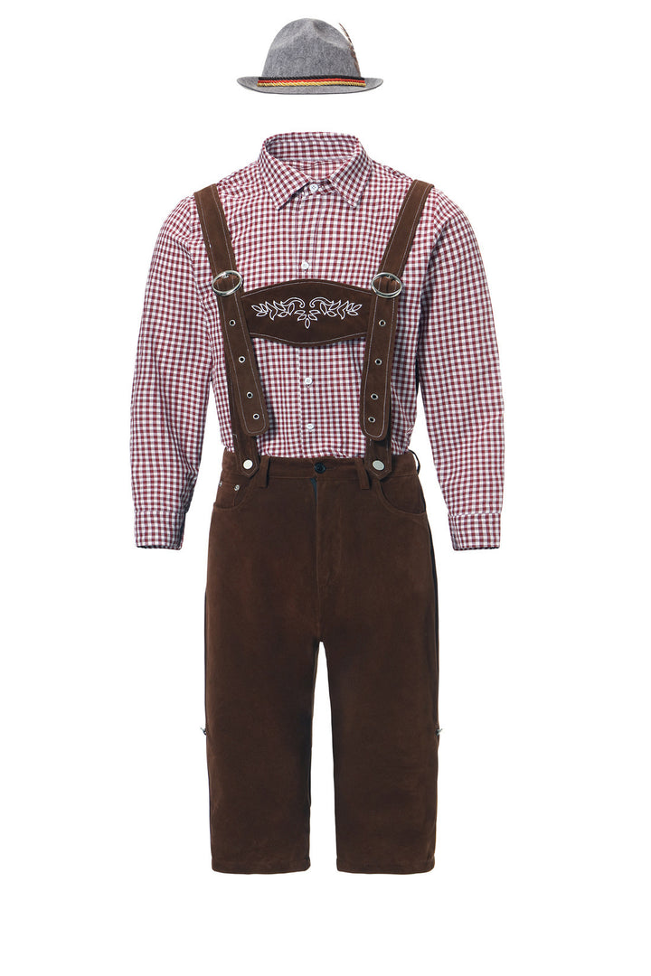 Herren nan authentische Trachten-Kniebundhose aus wildlederähnlichem Material mit verstellbaren Trägern und besticktem Brustlatz Drune