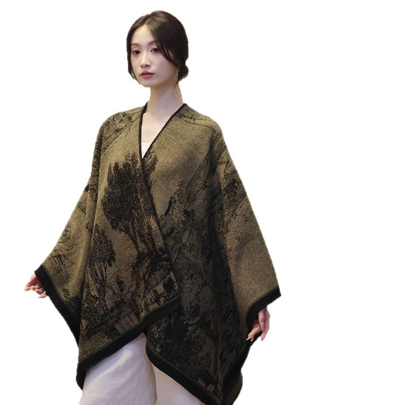 Damen Jacquard‑Strickcape mit strukturierter Weboptik und offener Front Drune