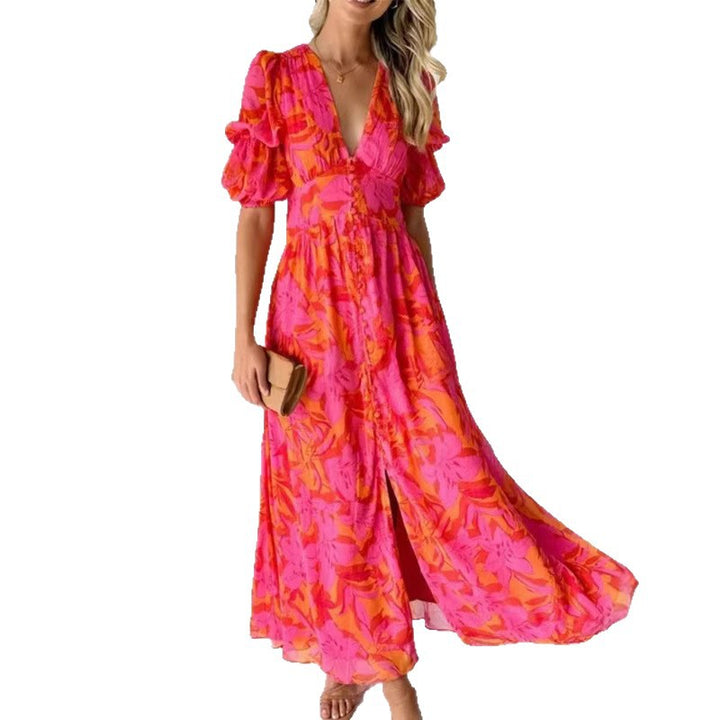 Damen Maxikleid mit floralem Print und tiefem V-Ausschnitt Drune