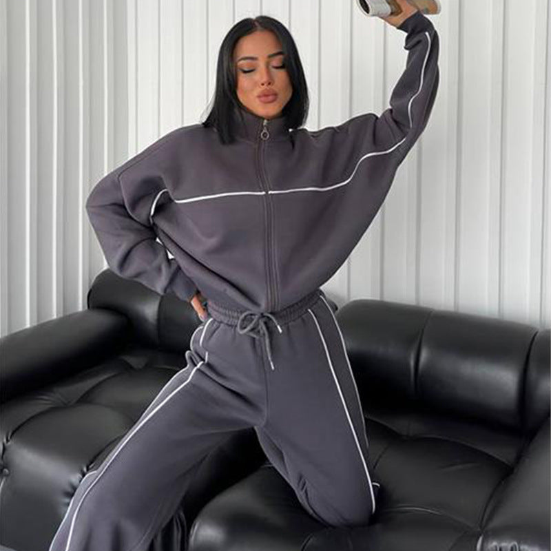 Damen Sportliches Zweiteiler-Set mit hochgeschlossenem Sweatshirt und weiten Hosen Drune