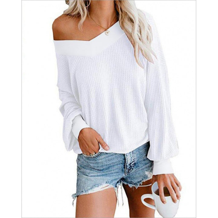 Damen Off‑Shoulder Waffelstrickpullover mit weitem Arm und elastischen Bündchen Drune
