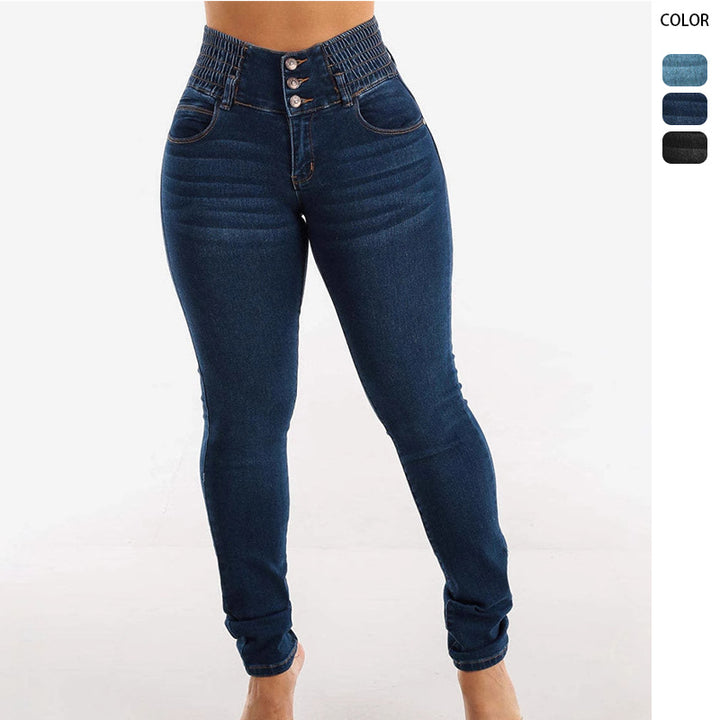 Damen Hochtaillierte Skinny Jeans mit elastischem Bund und dekorativen Knöpfen Drune