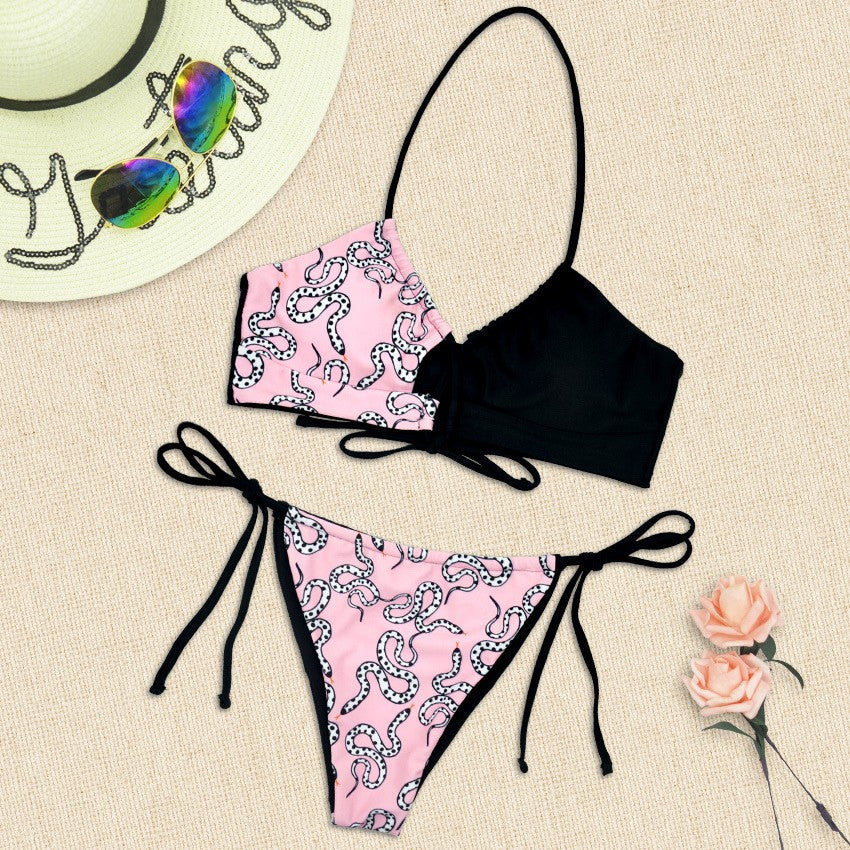 Damen Halter-Bikini mit asymmetrischem Design und verspieltem Muster Drune