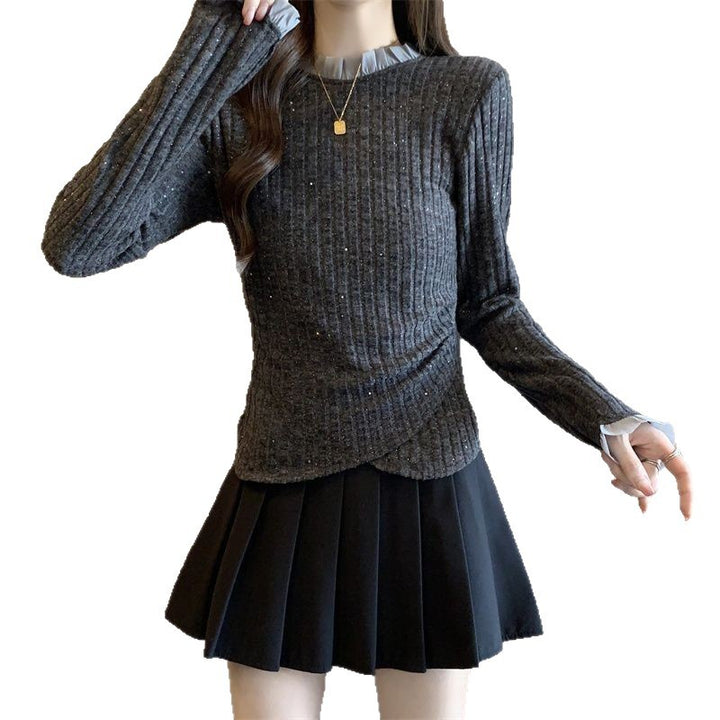 Damen Eleganter Feinstrickpullover mit dekorativem Kragen Drune