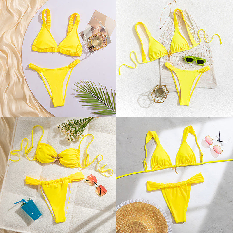 Damen Sportlicher Bikini mit gerafftem Oberteil und hohen Beinausschnitten Drune
