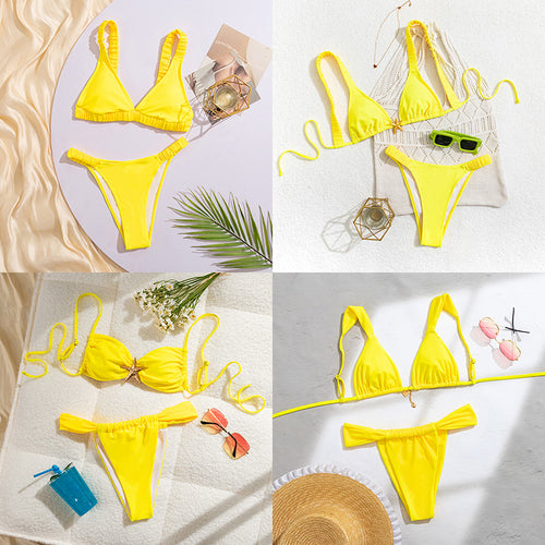 Damen Sportlicher Bikini mit gerafftem Oberteil und hohen Beinausschnitten Drune