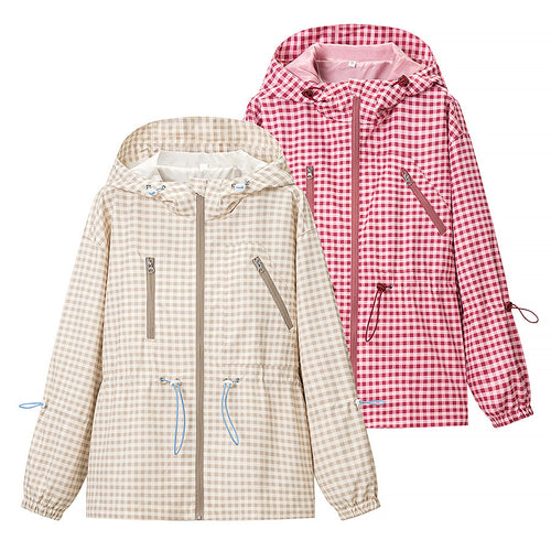 Damen 20+ leichte karierte Kapuzenjacke mit Tunnelzug, Reißverschluss und funktionalen Taschen Drune