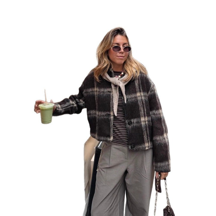 Damen Kurze karierte Bouclé‑Jacke mit kastiger Silhouette und Knopfleiste Drune