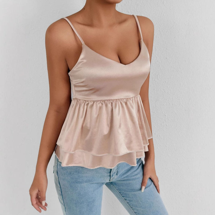 Damen elegantes Satin-Oberteil mit dekorativen Volants Drune