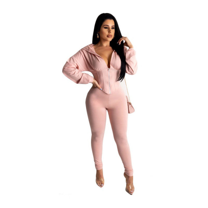 Damen Jumpsuit mit modischem Reißverschluss und sportlichem Crop-Top Drune