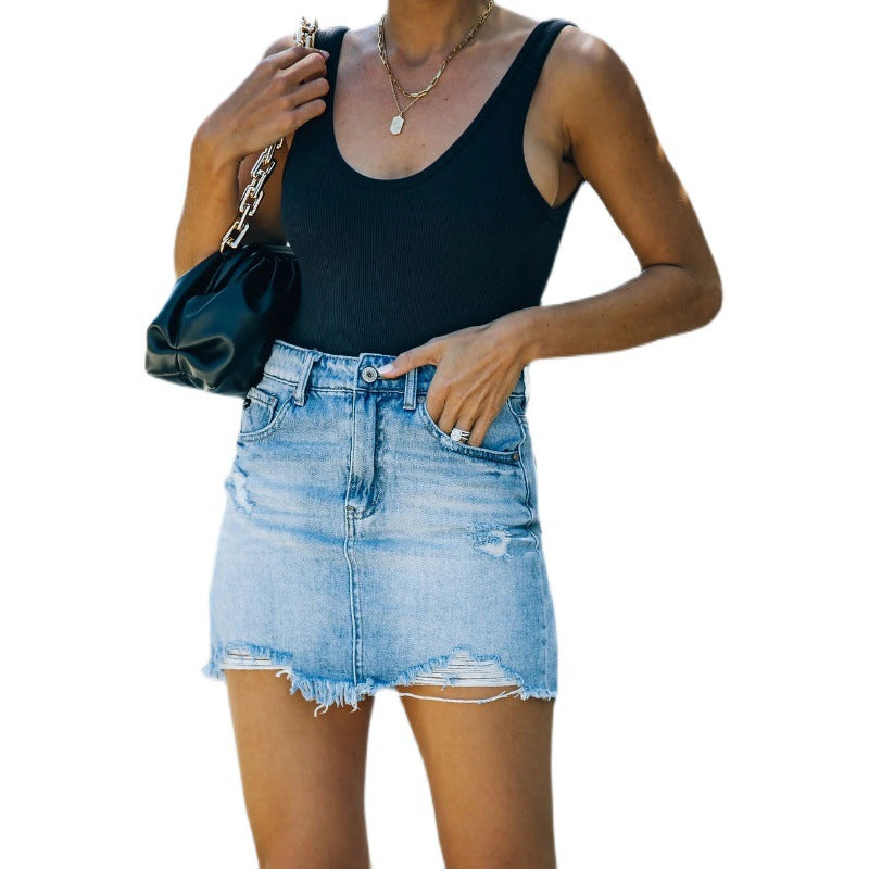 Damen Jeansrock im lässigen Used-Look mit fransigen Säumen Drune