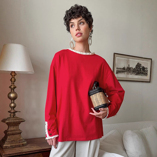 Damen eleganter Oversized-Pullover mit Rüschenärmeln Drune
