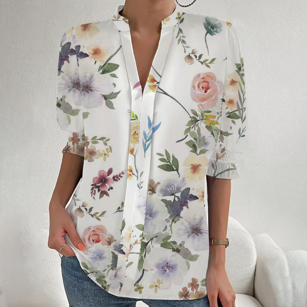 Damen Blumenprint Tunika-Bluse mit Stehkragen, geschlitzter V‑Blende und gerafften 3/4-Ärmeln Drune
