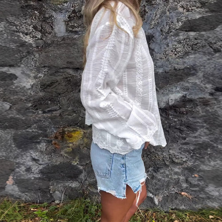 Damen nan bestickte Hemdbluse mit floraler Ajour-Stickerei, Perlmuttknopfleiste und legerer Oversize-Passform Drune