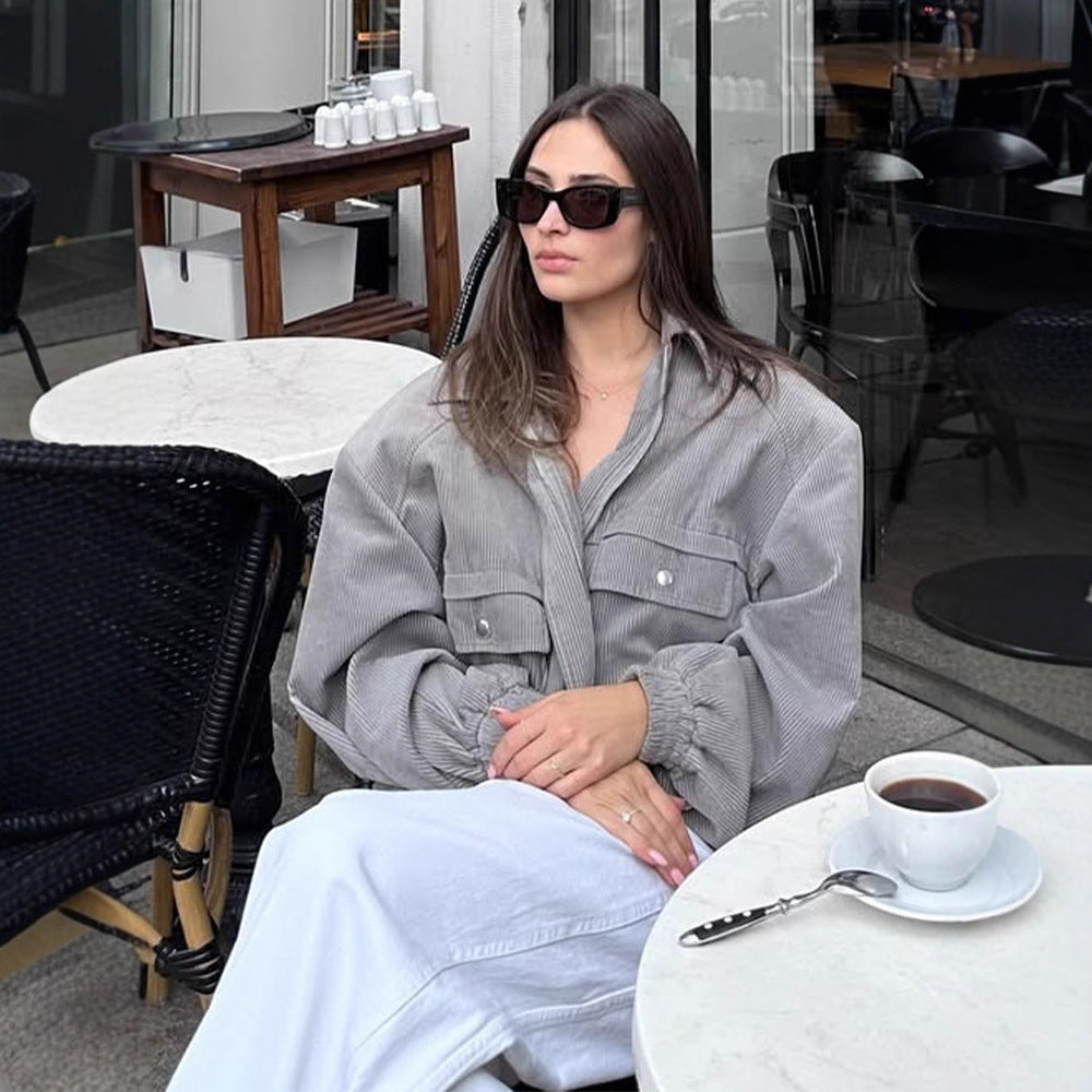 Damen lässige Übergangsjacke mit voluminösen Ärmeln und Druckknopfdetail Drune