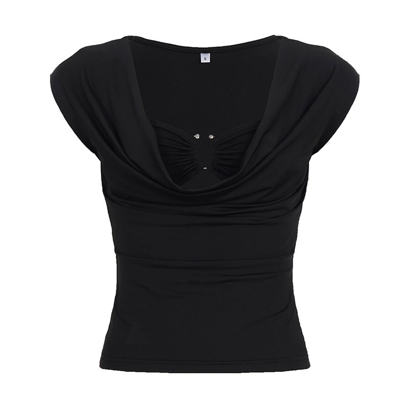 Damen elegantes V-Ausschnitt Top mit dekorativem Rüschenelement Drune