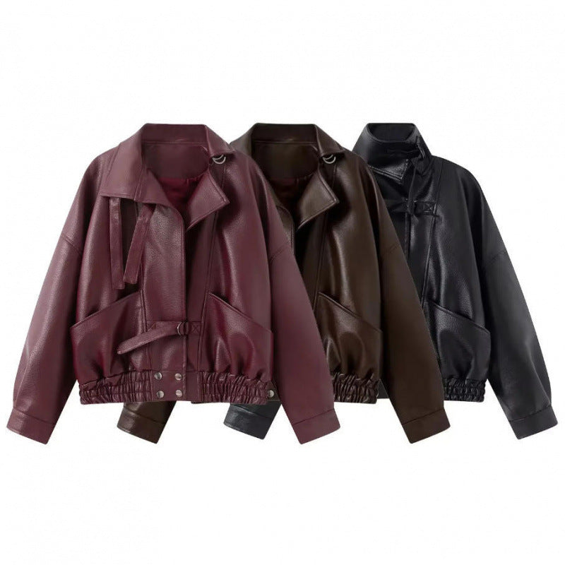 Damen 10+ taillierter Cropped Kunstleder‑Blouson mit Gürtel, elastischem Saum und Pattentaschen Drune