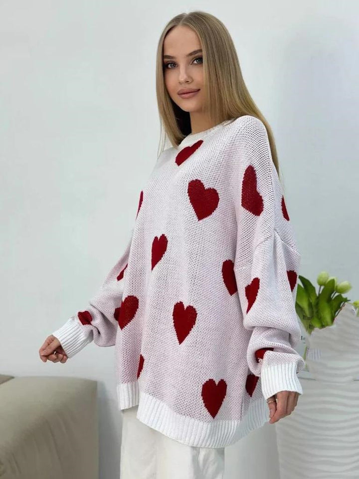 Damen Oversize Strickpullover mit Herz‑Motiv, Rippbündchen & weiter Silhouette Drune