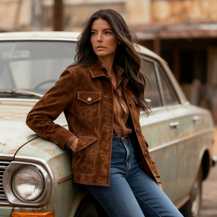 Damen Kurzjacke im Ranch‑Worker‑Look aus Wildlederoptik mit Pattentaschen und sichtbarer Knopfleiste Drune
