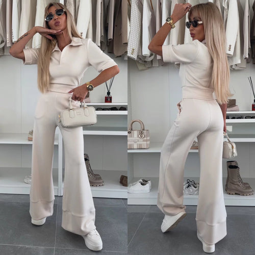 Damen Elegantes Scuba-Loungewear-Set mit Polokragen und taillenhoher Palazzo-Hose Drune