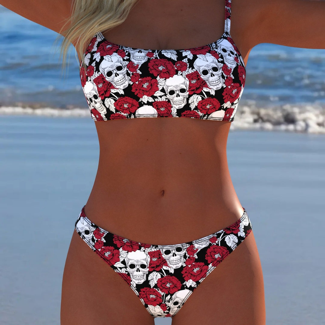 Damen Bikini-Set mit modernem Totenkopf- und Blumenmuster Drune