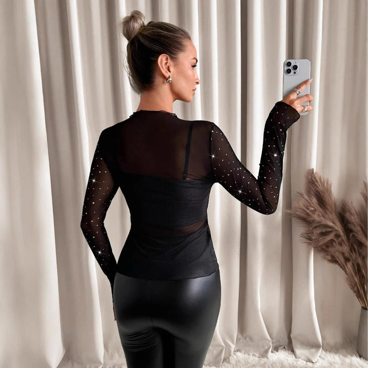 Damen nan transparentes Langarm-Netzshirt mit Strassapplikationen und integriertem Untertop Drune