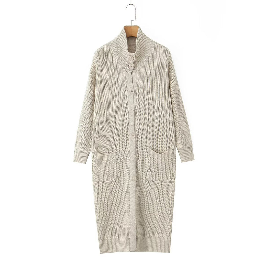 Damen Langer Grobstrick-Cardigan mit Schalkragen, Knopfleiste und aufgesetzten Taschen Drune