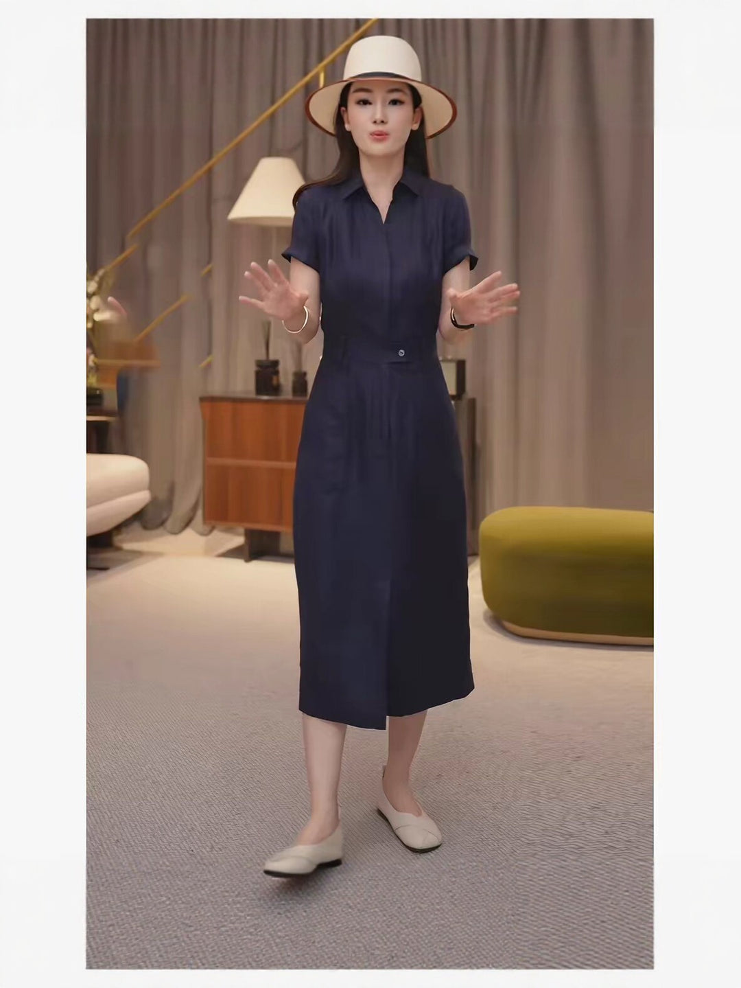Damen Tailliertes Hemdblusen-Midikleid mit verdeckter Knopfleiste und Taillenpassante Drune