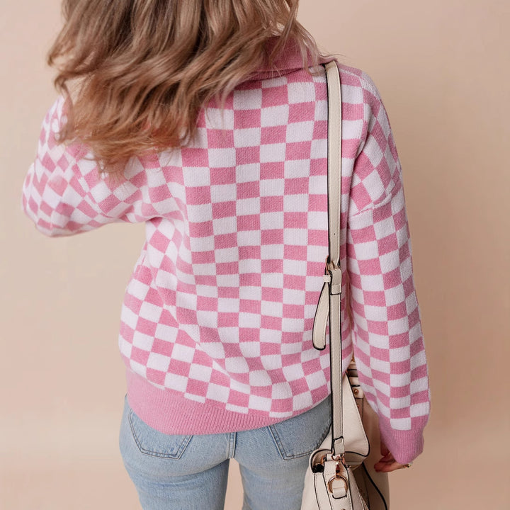 Damen gemütlicher Sweatpullover mit Karomuster und Knopfdetail Drune