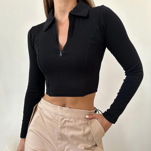 Damen langärmliges cropped Poloshirt mit weichem Strukturmaterial Drune