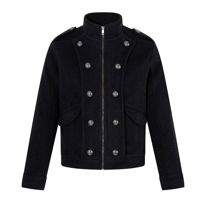 Herren kurze militärisch inspirierte Wolljacke mit Stehkragen & doppelreihigen Zierknöpfen Drune
