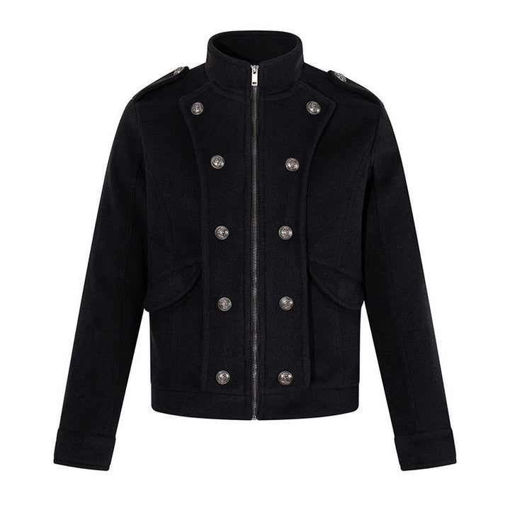 Herren kurze militärisch inspirierte Wolljacke mit Stehkragen & doppelreihigen Zierknöpfen Drune