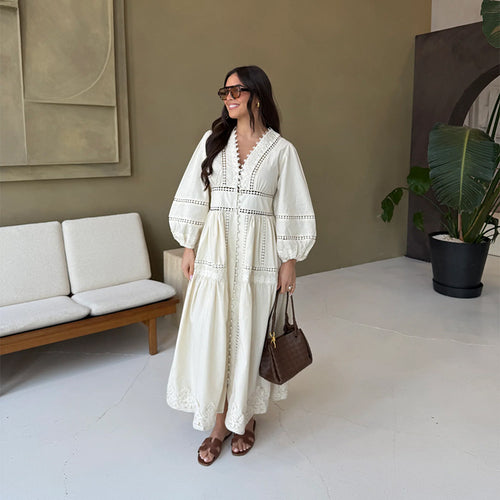 Damen Maxikleid mit kunstvollen Stickereien und luftigen Ärmeln Drune