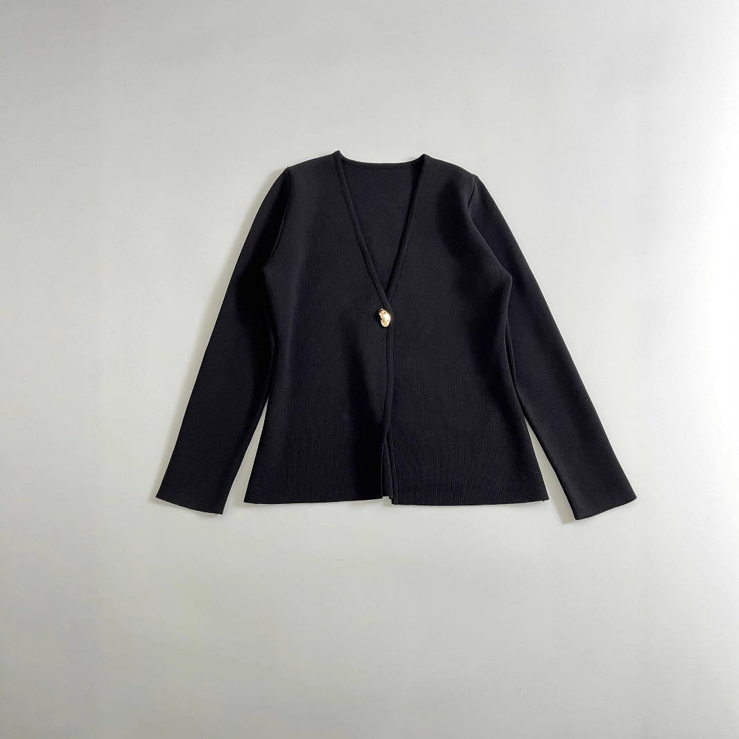 Damen Feiner V‑Ausschnitt-Cardigan mit Schmuckknopf und kastiger Silhouette Drune