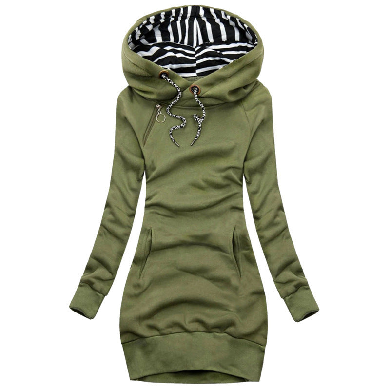 Damen Hoodie-Midi-Kleid mit weitem Funnel-Neck, gestreifter Innenseite und Kängurutaschen Drune