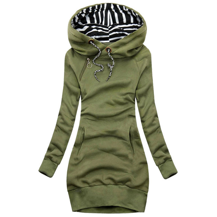 Damen Hoodie-Midi-Kleid mit weitem Funnel-Neck, gestreifter Innenseite und Kängurutaschen Drune