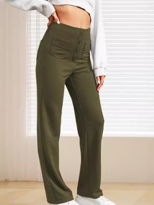 Damen elegante High-Waist-Hose mit Knopfdetails und praktischen Taschen Drune