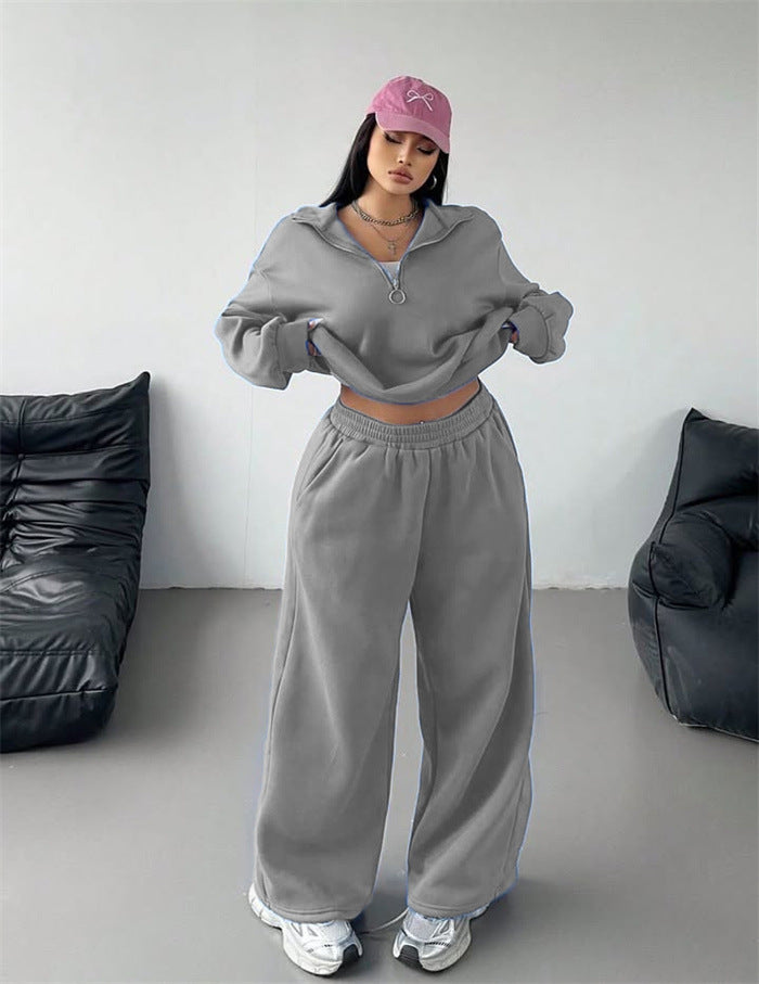 Damen Samt-Cropped-Ziphoodie und weit geschnittene High-Waist Palazzo-Jogginghose Drune