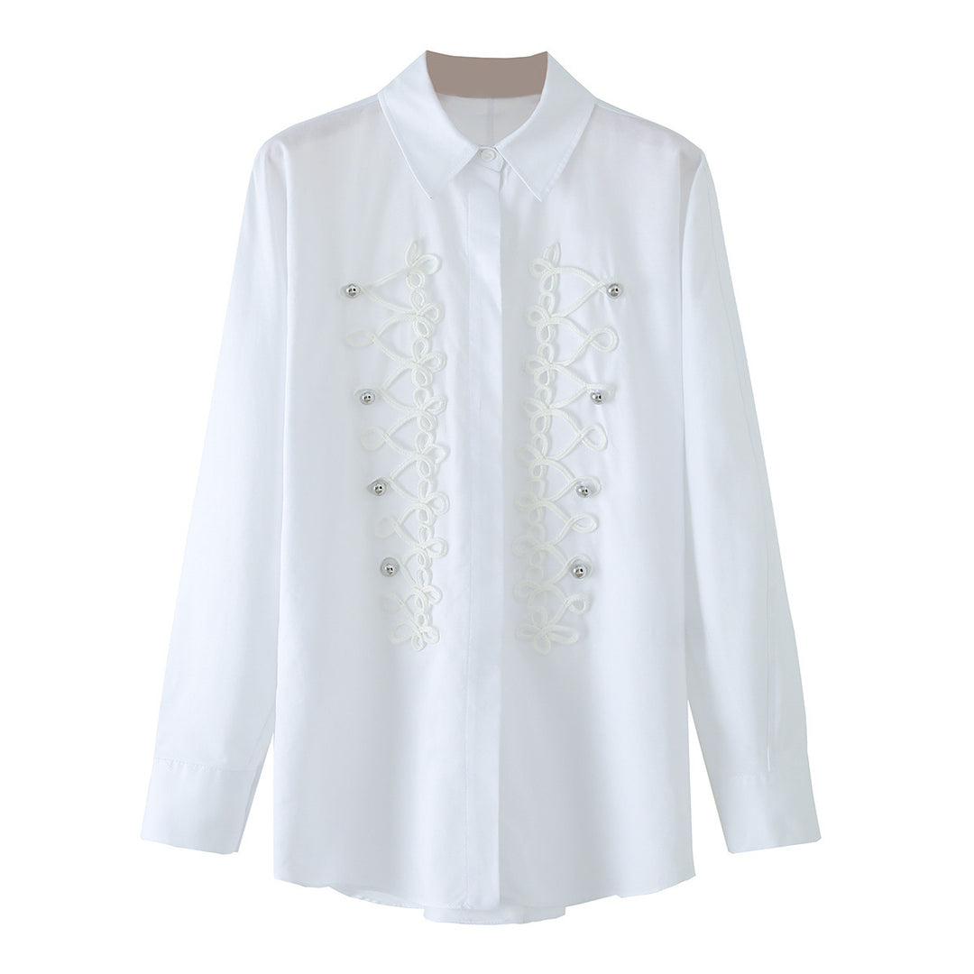 Damen Langärmlige Oversize-Bluse mit verdeckter Knopfleiste und dekorativen Kordelapplikationen Drune