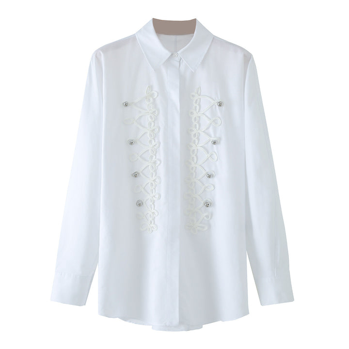 Damen Langärmlige Oversize-Bluse mit verdeckter Knopfleiste und dekorativen Kordelapplikationen Drune
